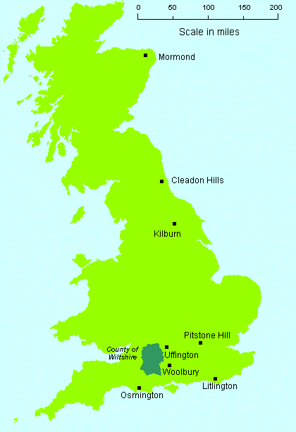 Map showing the locations of the non-Wiltshire British white horses