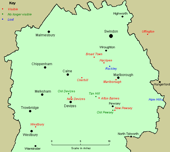 Map showing the locations of the Wiltshire white horses